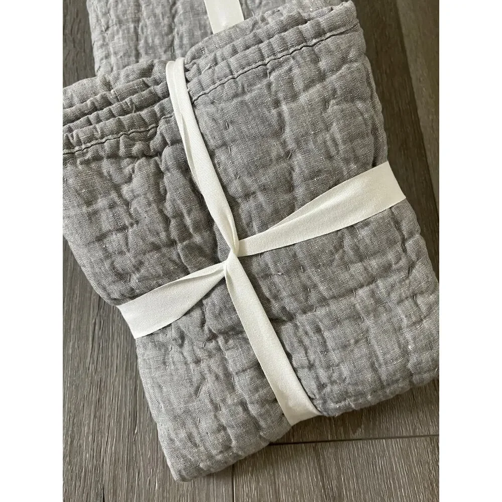 New Pottery Barn BELGIAN FLAX LINEN Hand Stitched Euro Shams Light Grey Set 2